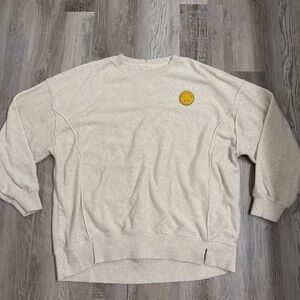 Aerie Smiley Face Distressed Cream Crewneck Sweatshirt size medium